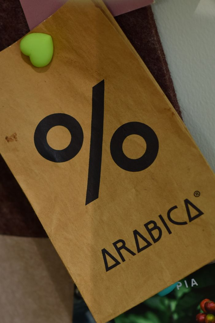 Home A close-up view of a % Arabica coffee shop sign pinned with a heart-shaped magnet.